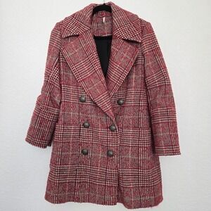 Free People Naiomi Check Peacoat XS Red Plaid Double Breasted Winter Preppy